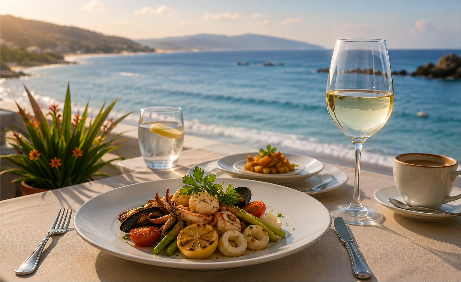 Plato de mariscos servido en la terraza frente al mar