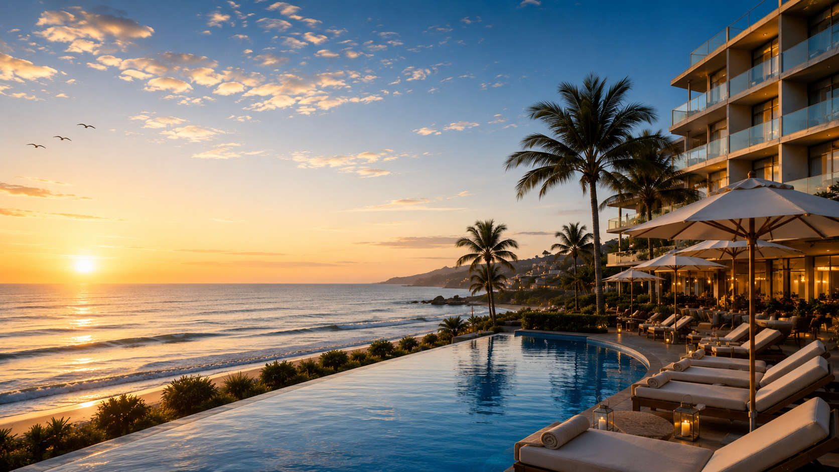 Fachada del hotel y playa al atardecer