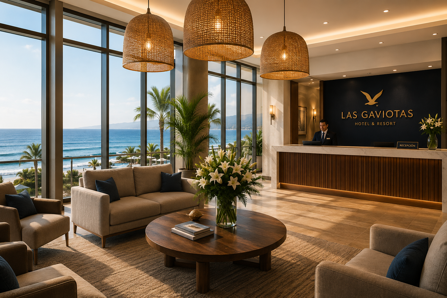 Lobby del hotel con ventanales y vista a la playa